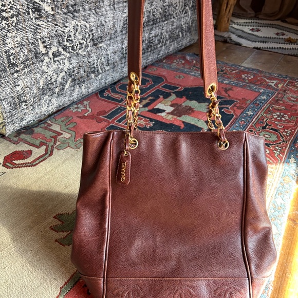 Vintage Chanel Chain Handle Caviar Brown Logo Bag Tote - Picture 9 of 16